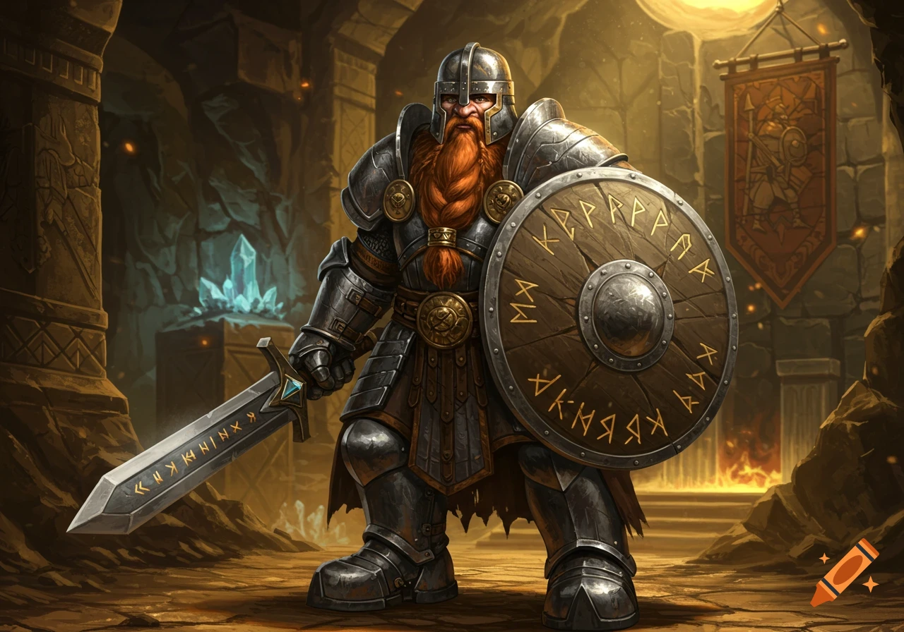 A dwarf warrior in full armor, holding a large sword and a round shield with runes, stands in a torchlit cavern.