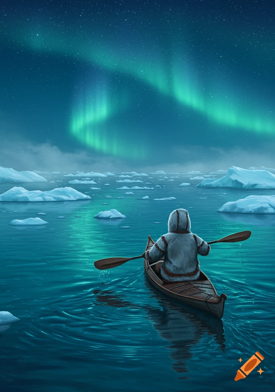 A person in a tuiliq paddles a canoe through an icy sea under the northern lights.