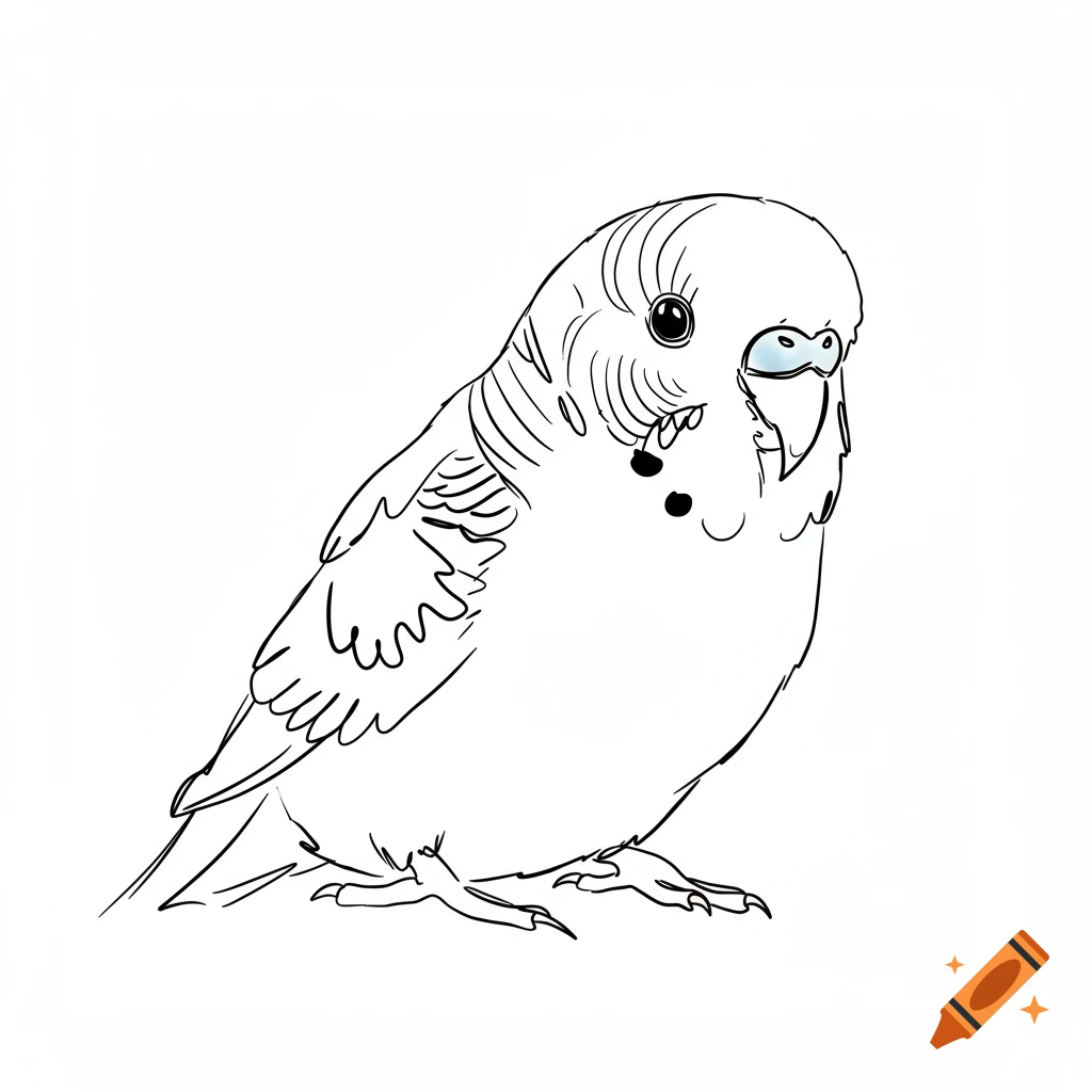 Black and white line drawing of a budgerigar bird.