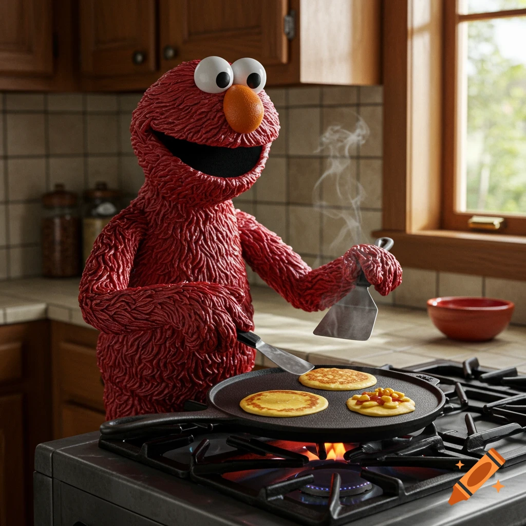 Photorealistic image of a solid cast iron Elmo cooking pancakes on a griddle in a kitchen.