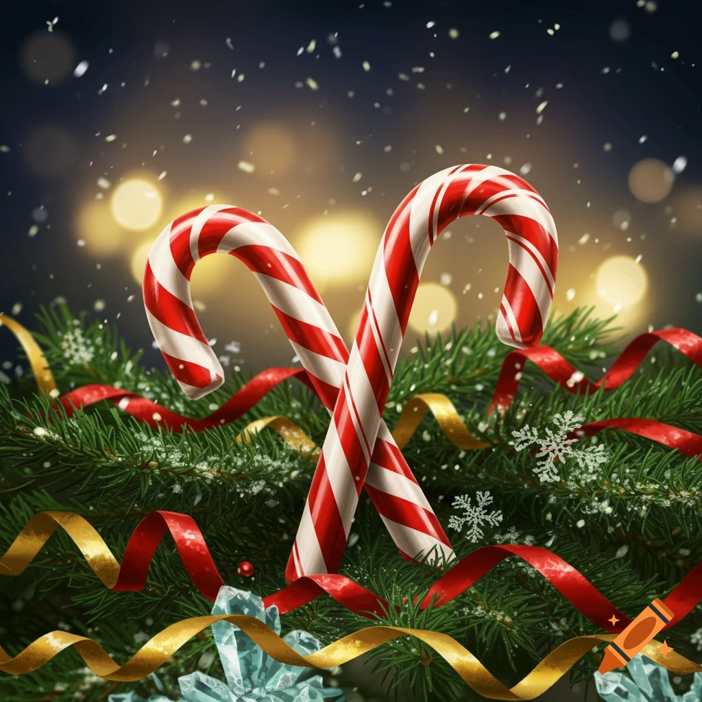 Two red and white striped candy canes crossed over fir branches with red and gold ribbons, snowflakes, and bokeh lights.