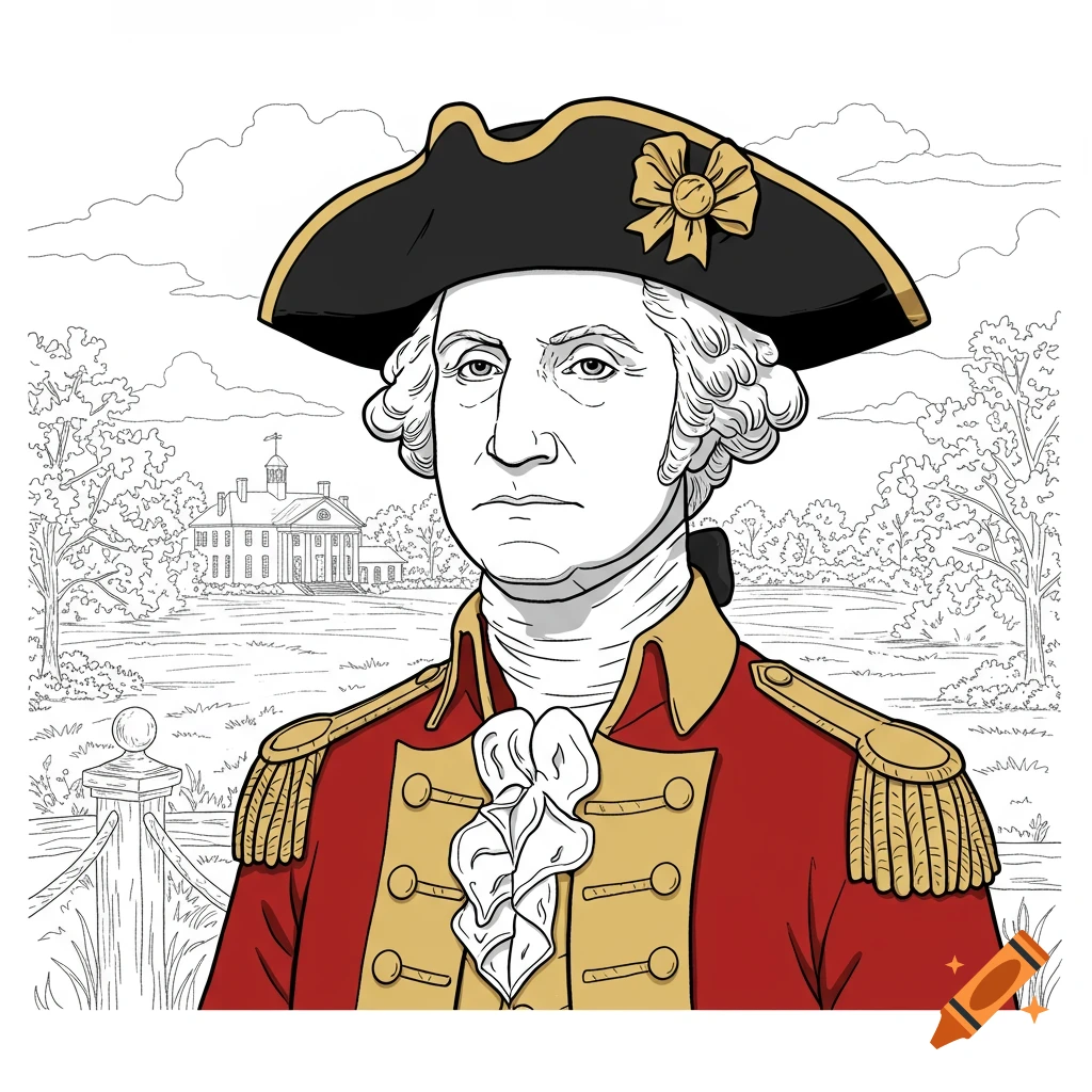 Illustration of George Washington in a red and gold uniform with a tricorn hat, Mount Vernon in the background, coloring book style.