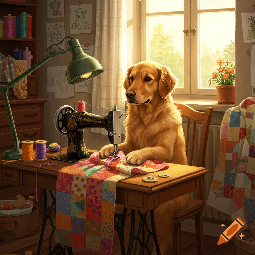 A golden retriever sits at a sewing machine, sewing a colorful patchwork quilt in a sunlit room.