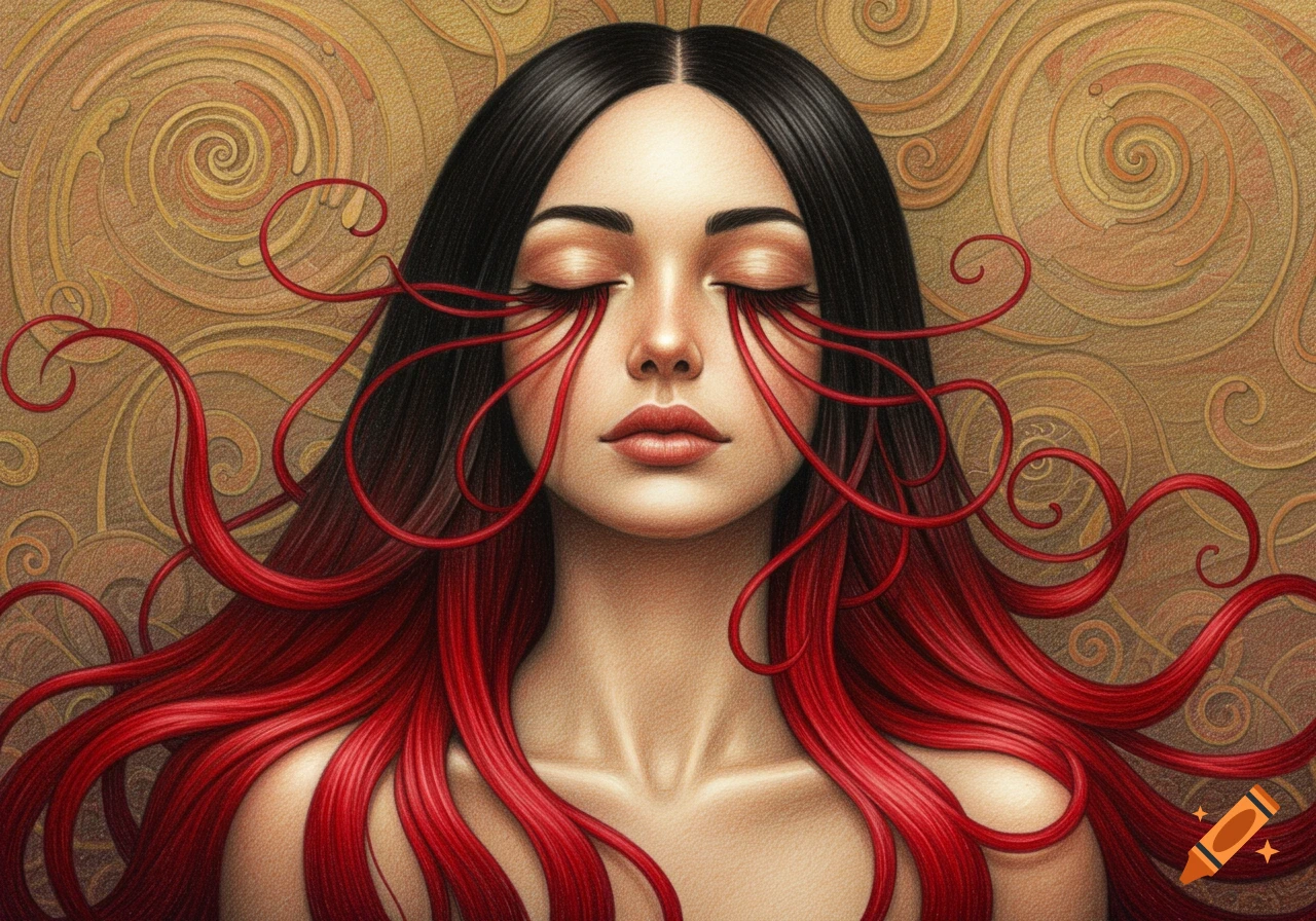 A surreal colored pencil painting of a woman with closed eyes and black-to-red hair, with red tendrils extending from her eyes.