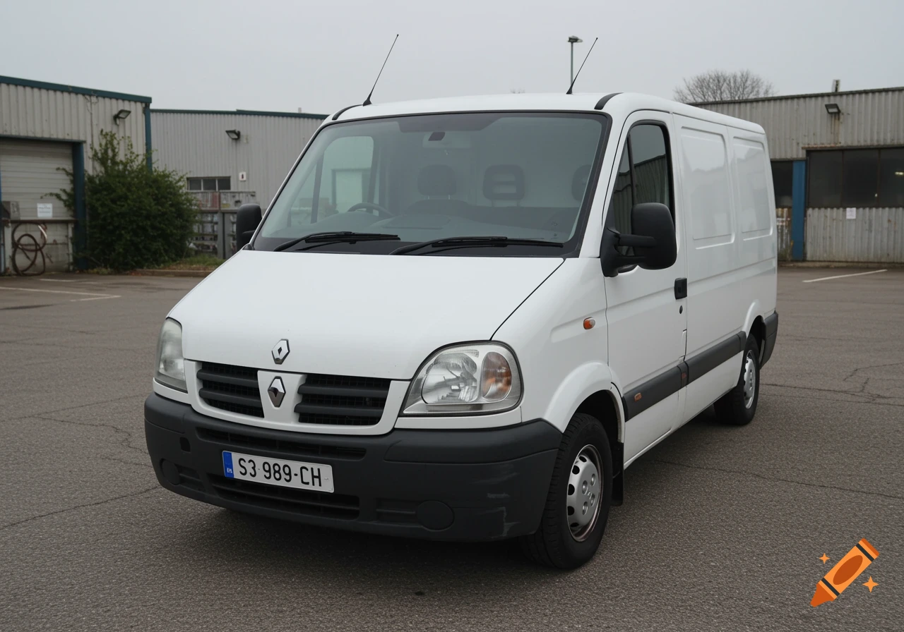 White Renault Master van parked in an outdoor lot on an overcast day.