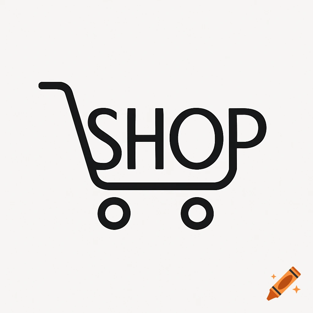 A black line art icon of a shopping cart with the word 'SHOP' inside.