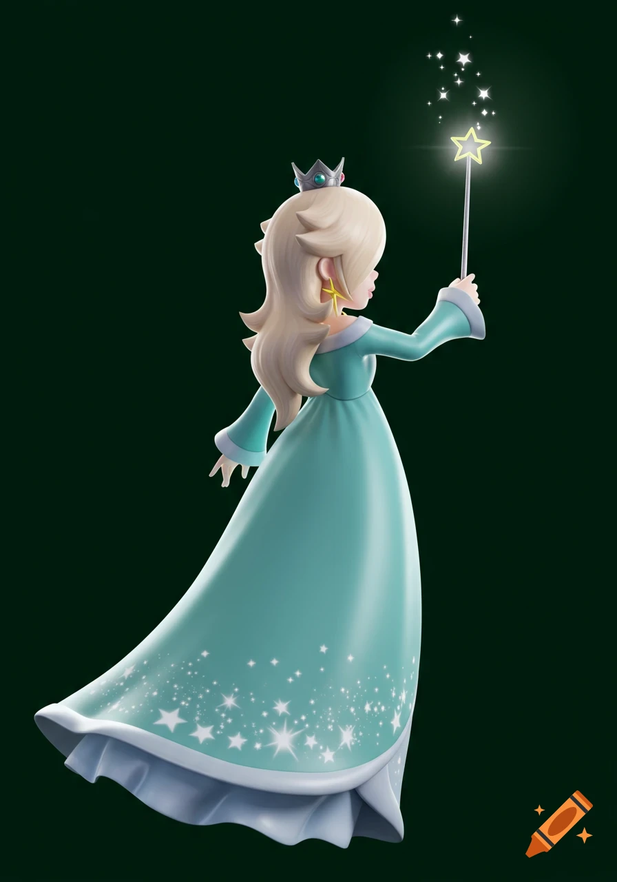 3D render of Rosalina from Mario, seen from behind, holding a star wand, on a dark green background.
