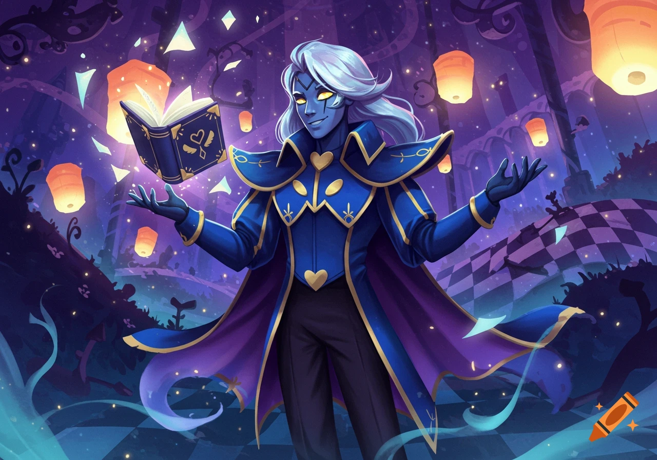 Blue-skinned Rouxls Kaard in a blue and gold coat holds a glowing magical book in a mystical purple landscape with lanterns.