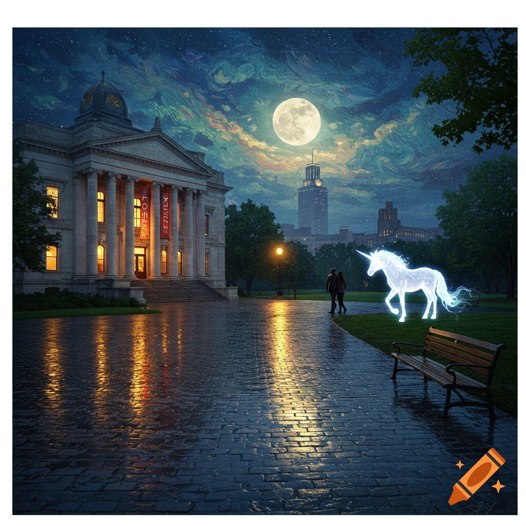 A full moon illuminates a large classical building and a glowing white unicorn in a park with wet cobblestones reflecting the light, under a swirling, Van Gogh-style night sky. Two people walk in the distance.