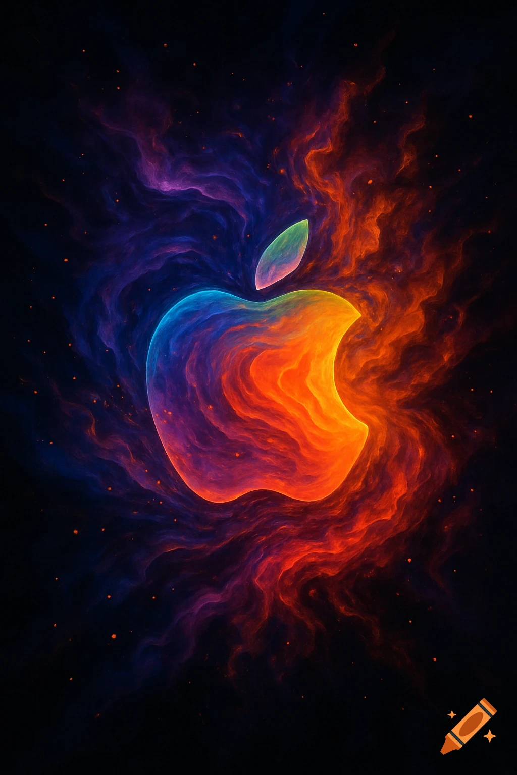 A vibrant, colorful Apple logo appearing like a nebula, with swirling blue, orange, and purple hues against a dark background.