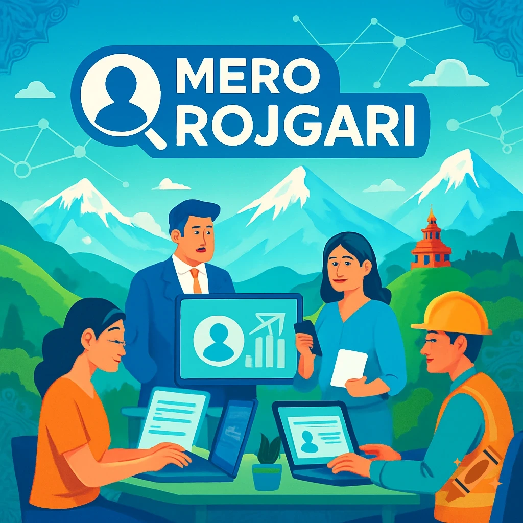 Colorful illustration of people working on laptops under a 'MERO ROJGARI' banner, with mountains and a temple in the background.