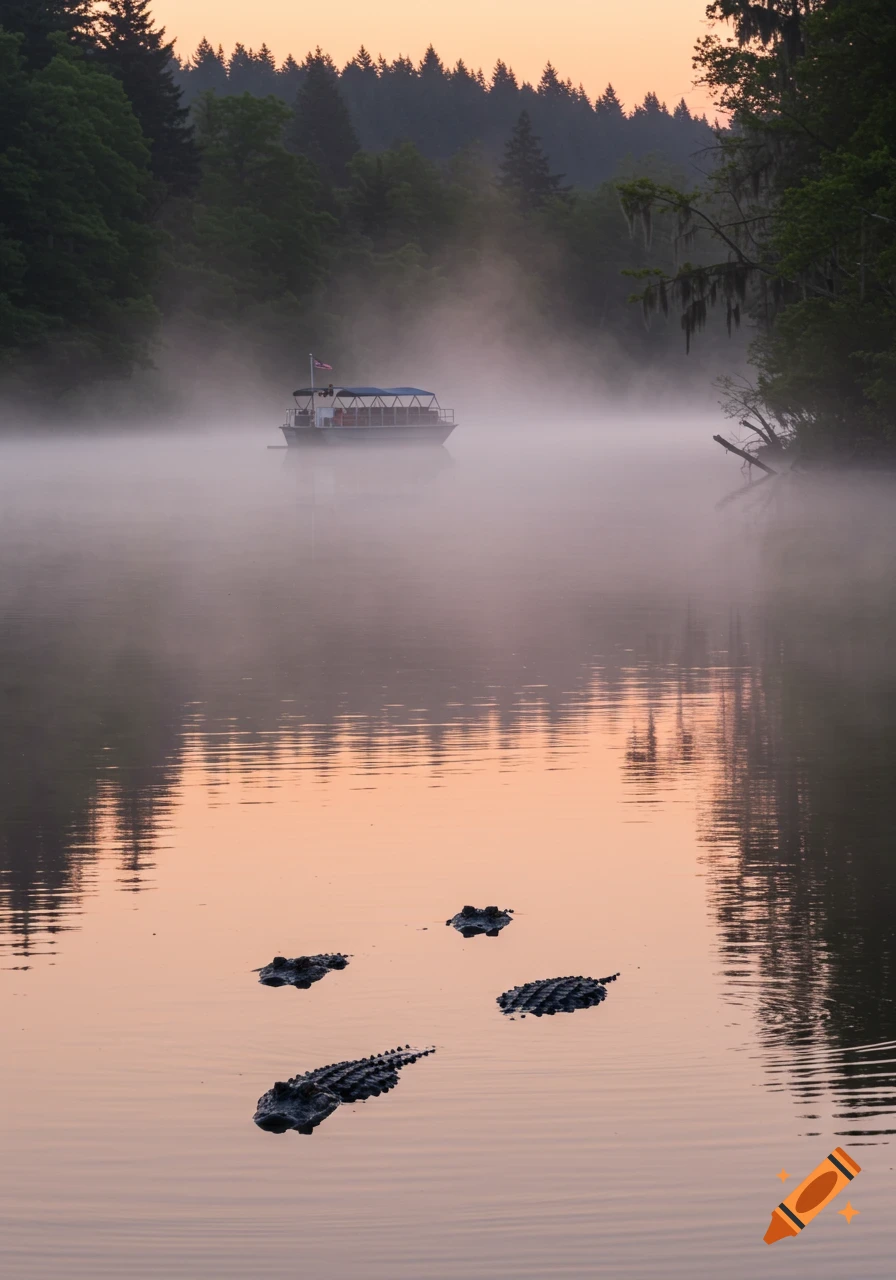 Photorealistic scene of a boat in a misty river at dawn, with four alligators submerged in the foreground reflecting the sunrise.
