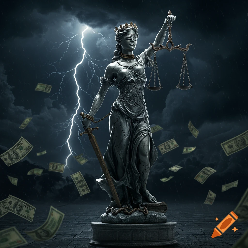 A cracking stone statue of blindfolded Lady Justice with scales and a sword stands in a stormy night with lightning and dollar bills flying around. Photorealistic.