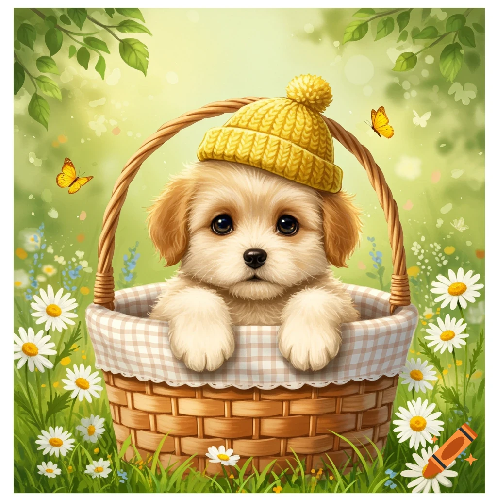 Cute puppy wearing a yellow knitted hat sitting in a wicker basket surrounded by daisies and butterflies in a field, illustration style.
