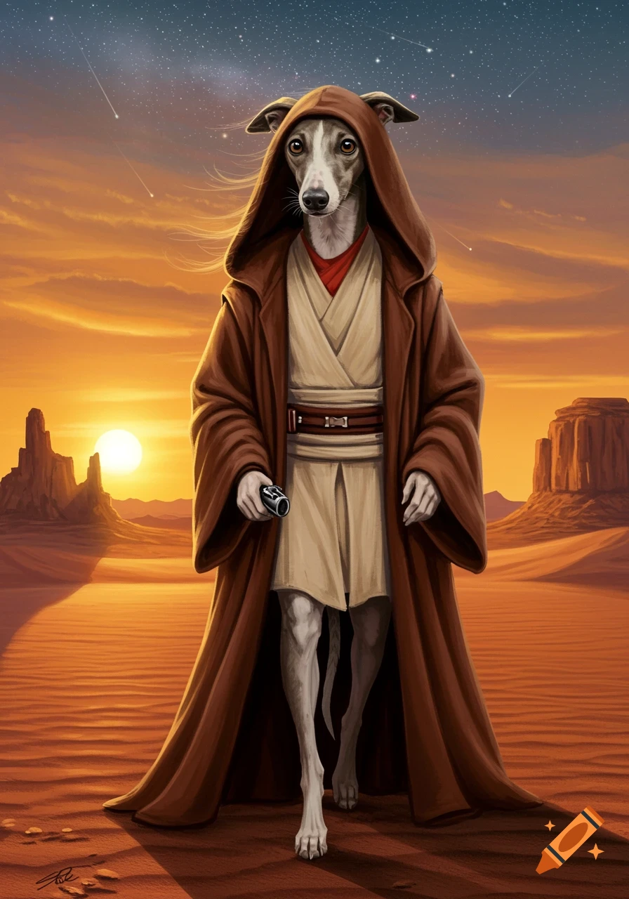 A whippet dog dressed in brown Obi-Wan Kenobi robes stands in a desert landscape with a sunset and starry sky.