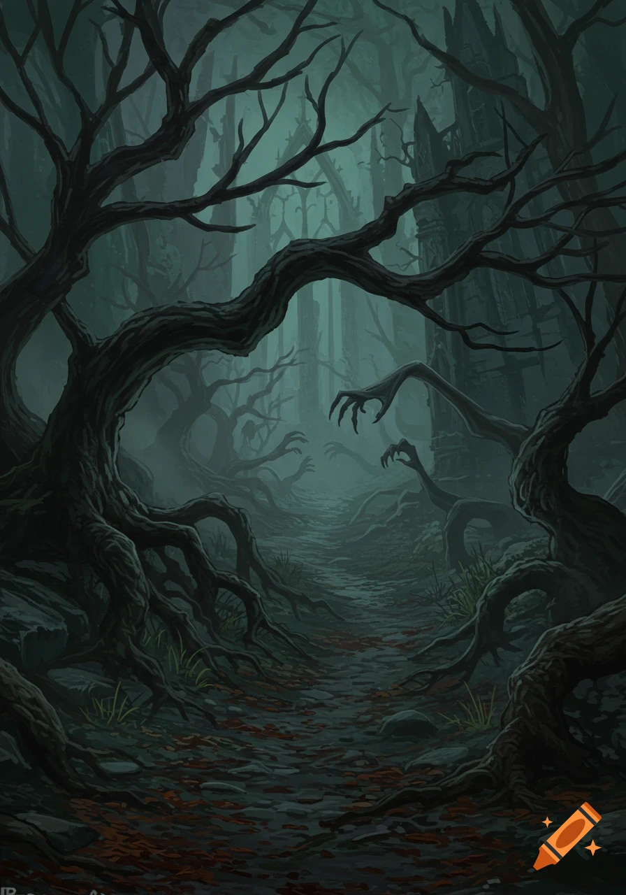 A dark, eerie forest with twisted, skeletal trees, gnarled branches like hands reaching out, and a misty path, in a gothic art style.