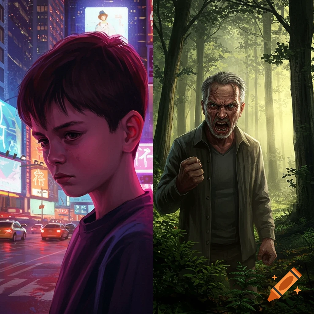 A split image featuring a sad boy in a neon city and an angry old man in a dark forest.
