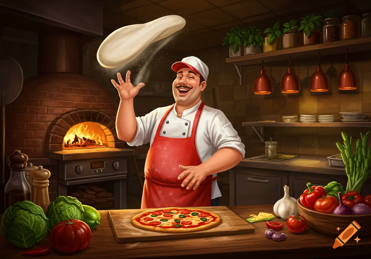 An illustration of a smiling chef in a kitchen tossing pizza dough, with a pizza oven and fresh ingredients on the counter.