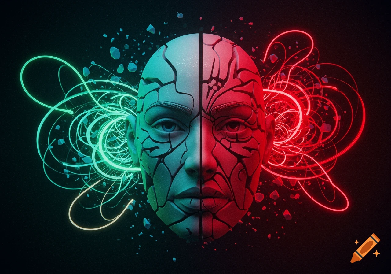 A digitally rendered split human face, half green-blue and half red, with a cracked texture and glowing neon lines emanating from the sides.