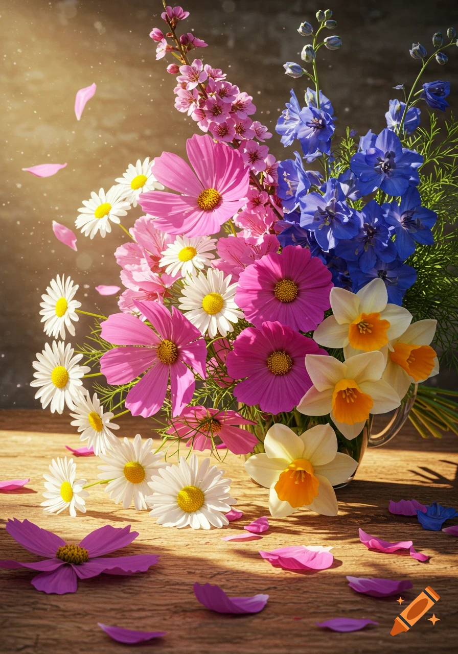Vibrant bouquet of pink cosmos, white daisies, blue larkspurs, and yellow daffodils on a wooden table with scattered petals.
