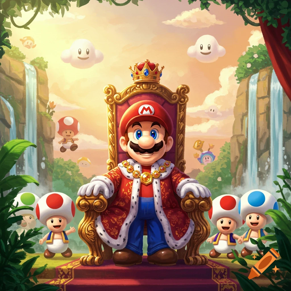 King Mario sits on a golden throne, surrounded by Toads and Lumas, in a vibrant fantasy landscape with waterfalls.