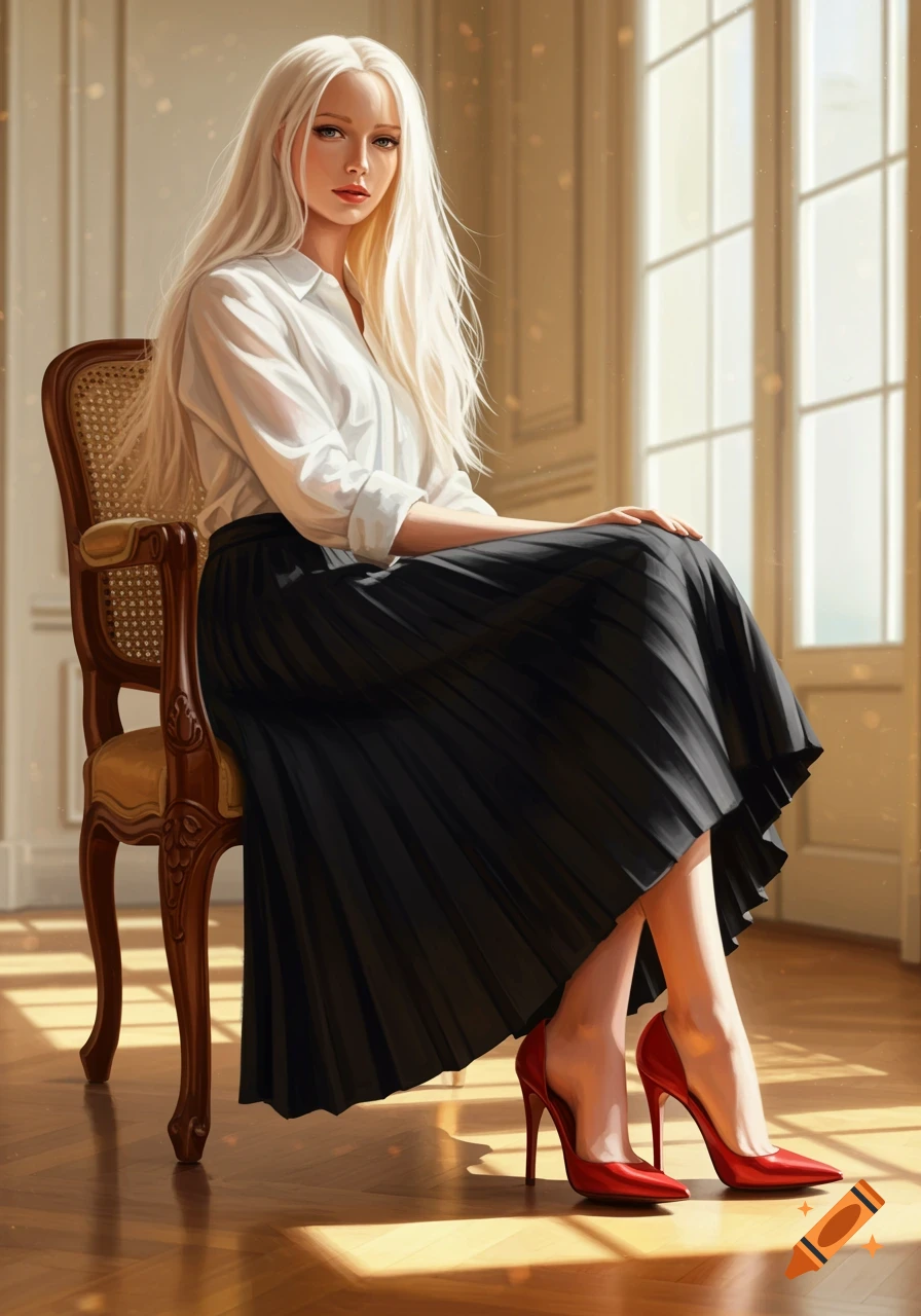 A long blonde-haired woman in a white shirt, black pleated skirt, and red heels sits in a chair in a sunlit room.