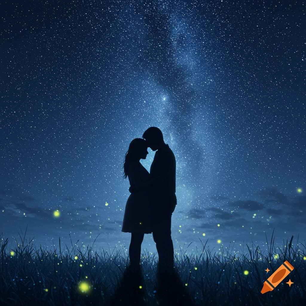 A silhouette of a couple embracing under a vast, star-filled night sky, with glowing fireflies in the grass below.