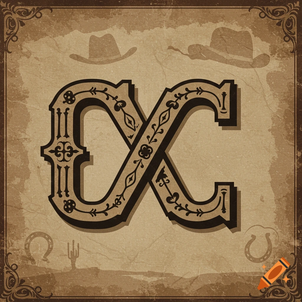 A vintage-style graphic features two stylized, ornate dark letters "C" crossing each other, resembling an "X", on a beige paper background with faint cowboy hats, horseshoe, and cactus silhouettes.