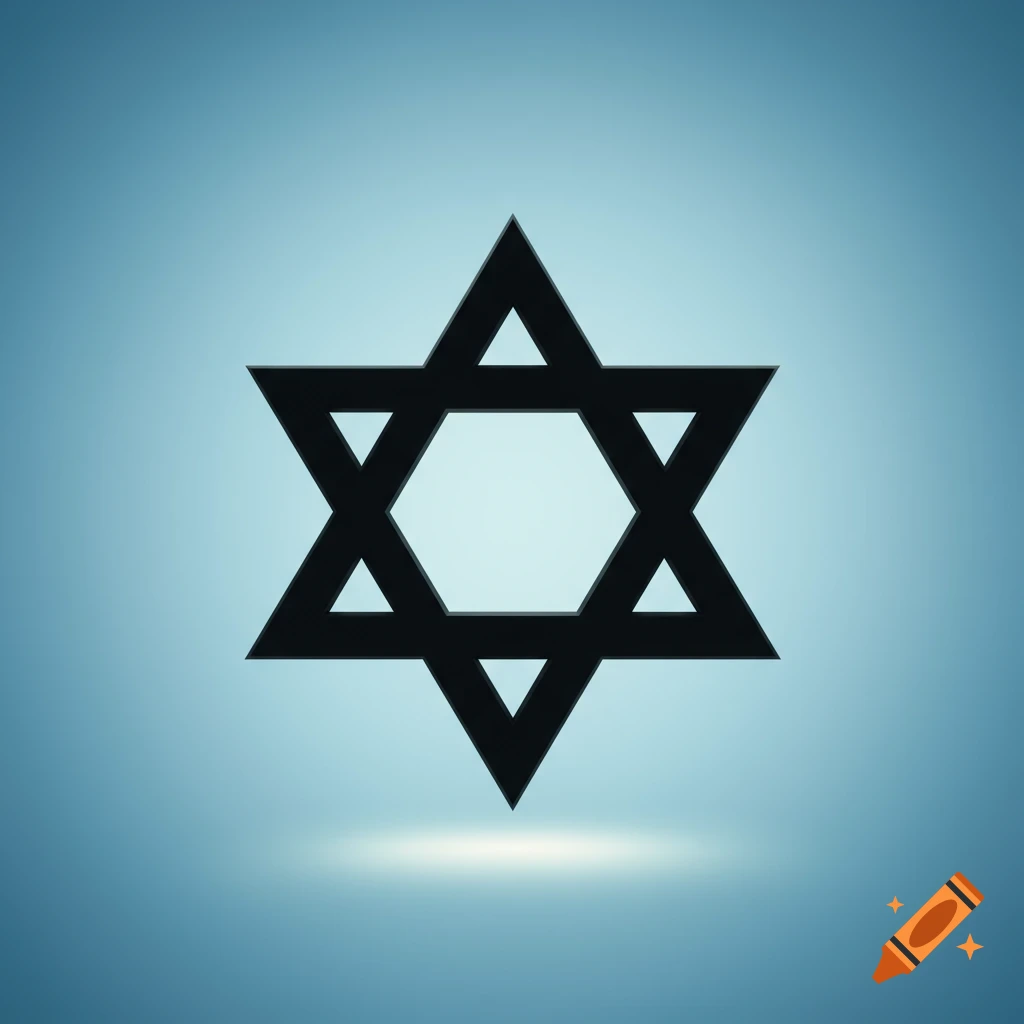 A black Star of David symbol on a light blue background.