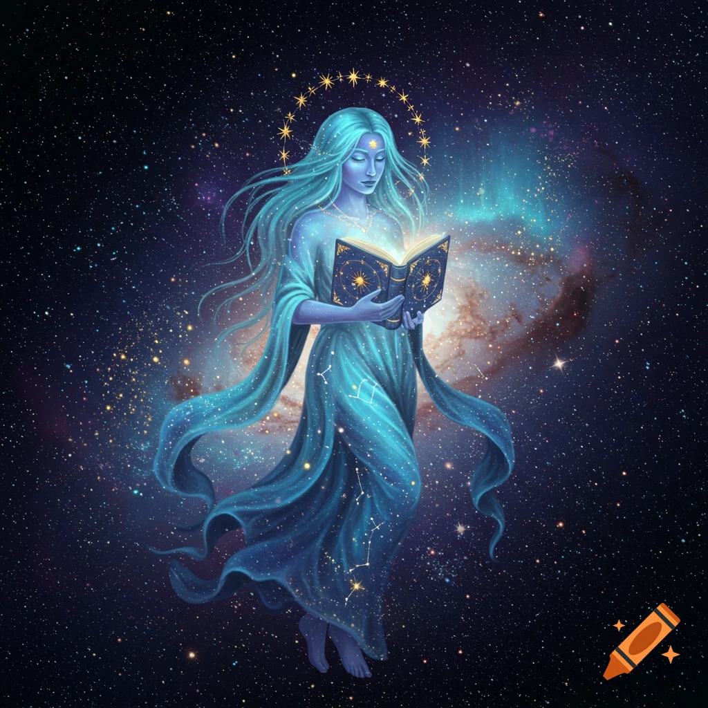 A celestial goddess with glowing blue hair and robes reads an enchanted book amidst stars and nebulae in deep space.