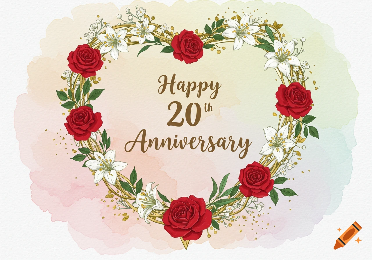 Heart-shaped floral wreath with red roses and white lilies on a watercolor background, featuring 'Happy 20th Anniversary' text.