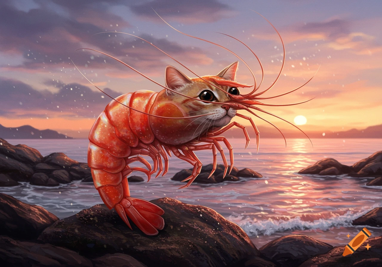 A surreal creature with a cat's head and a shrimp's body stands on rocks by the ocean at sunset, with a vibrant sky.