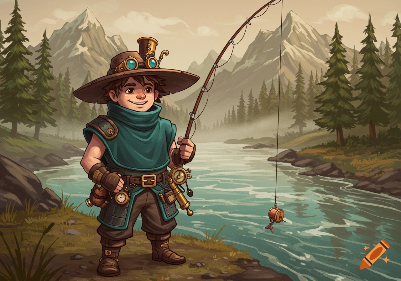 A cartoon steampunk fisherman with a wide-brimmed hat and green poncho stands by a river, holding a fishing rod, with mountains and trees in the background.