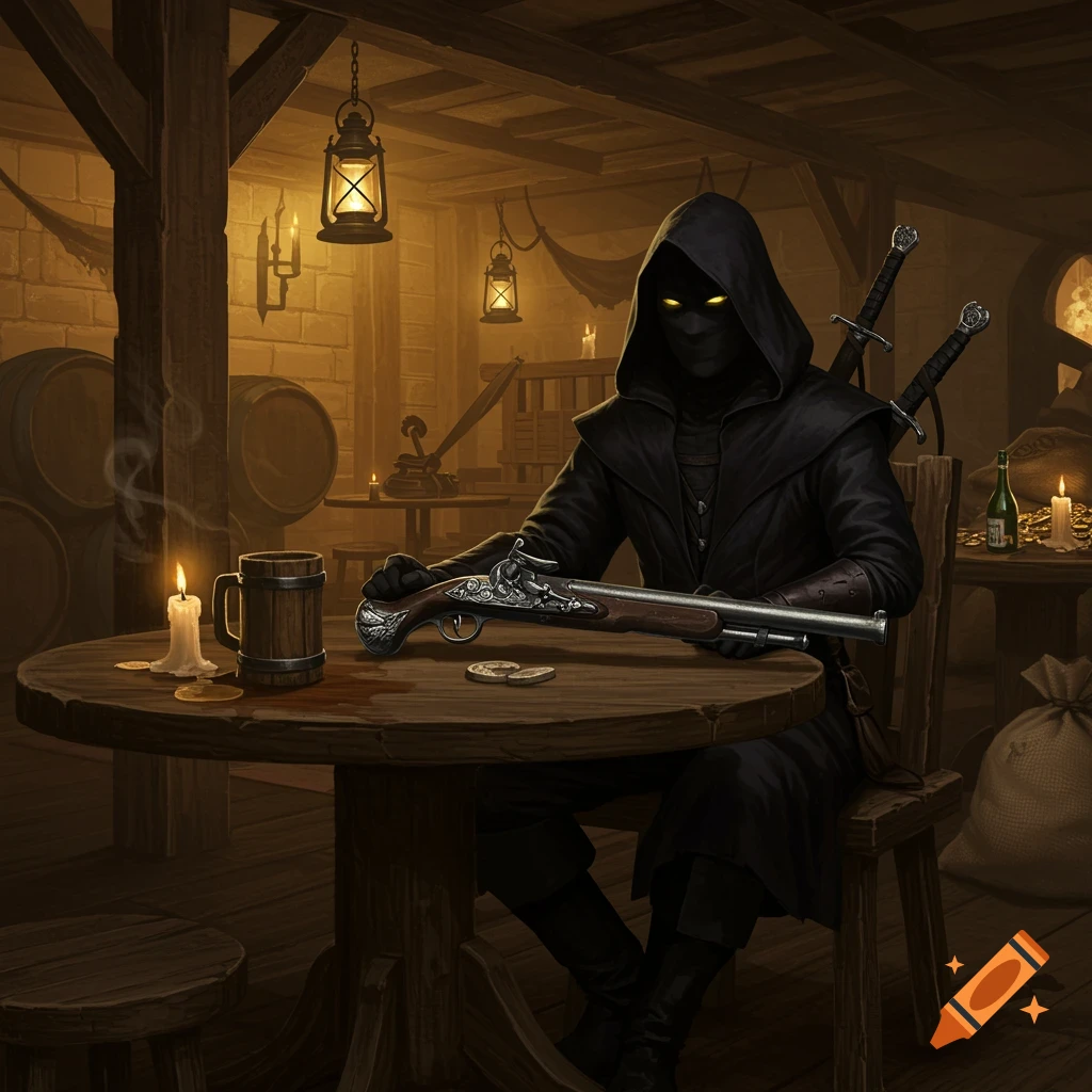 A dark hooded figure with glowing yellow eyes sits at a tavern table, holding a flintlock rifle. Fantasy art style.