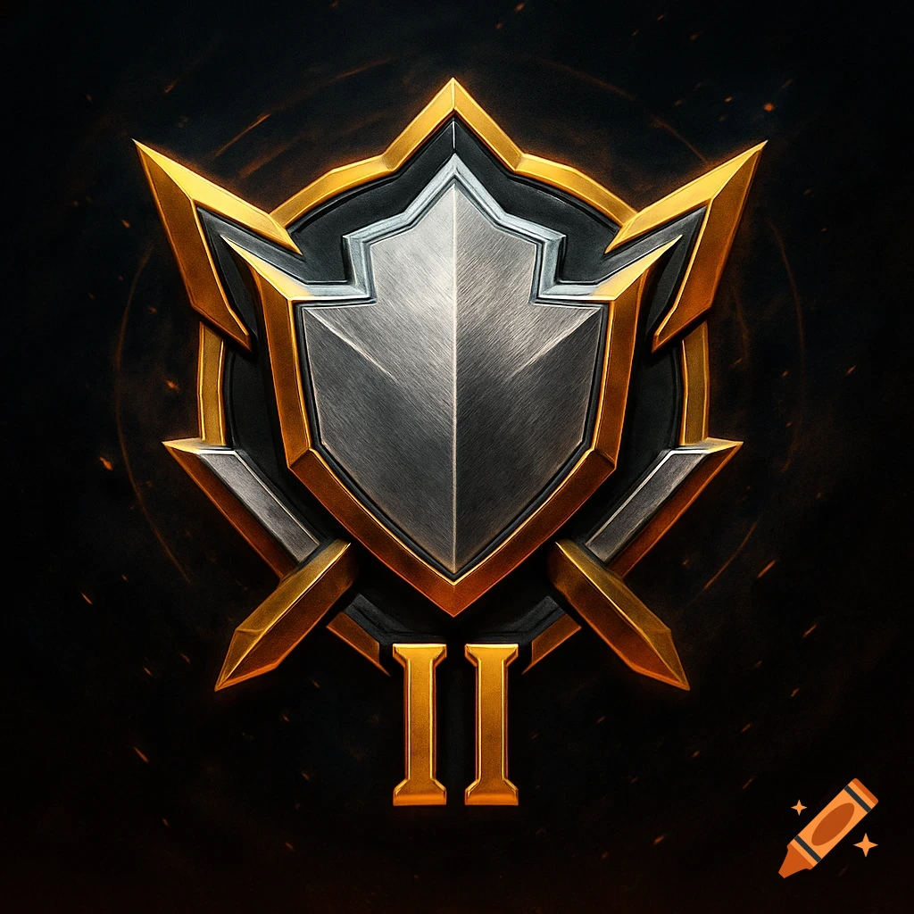 A metallic gold and silver shield emblem with spiky edges and the Roman numeral II at the bottom, on a dark background.