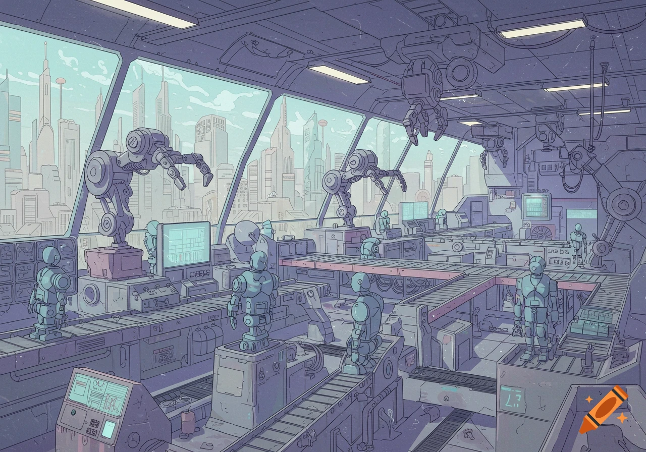 A futuristic robot factory in Kurzgesagt art style, with robotic arms, conveyor belts, and partially assembled robots, looking out at a city skyline.