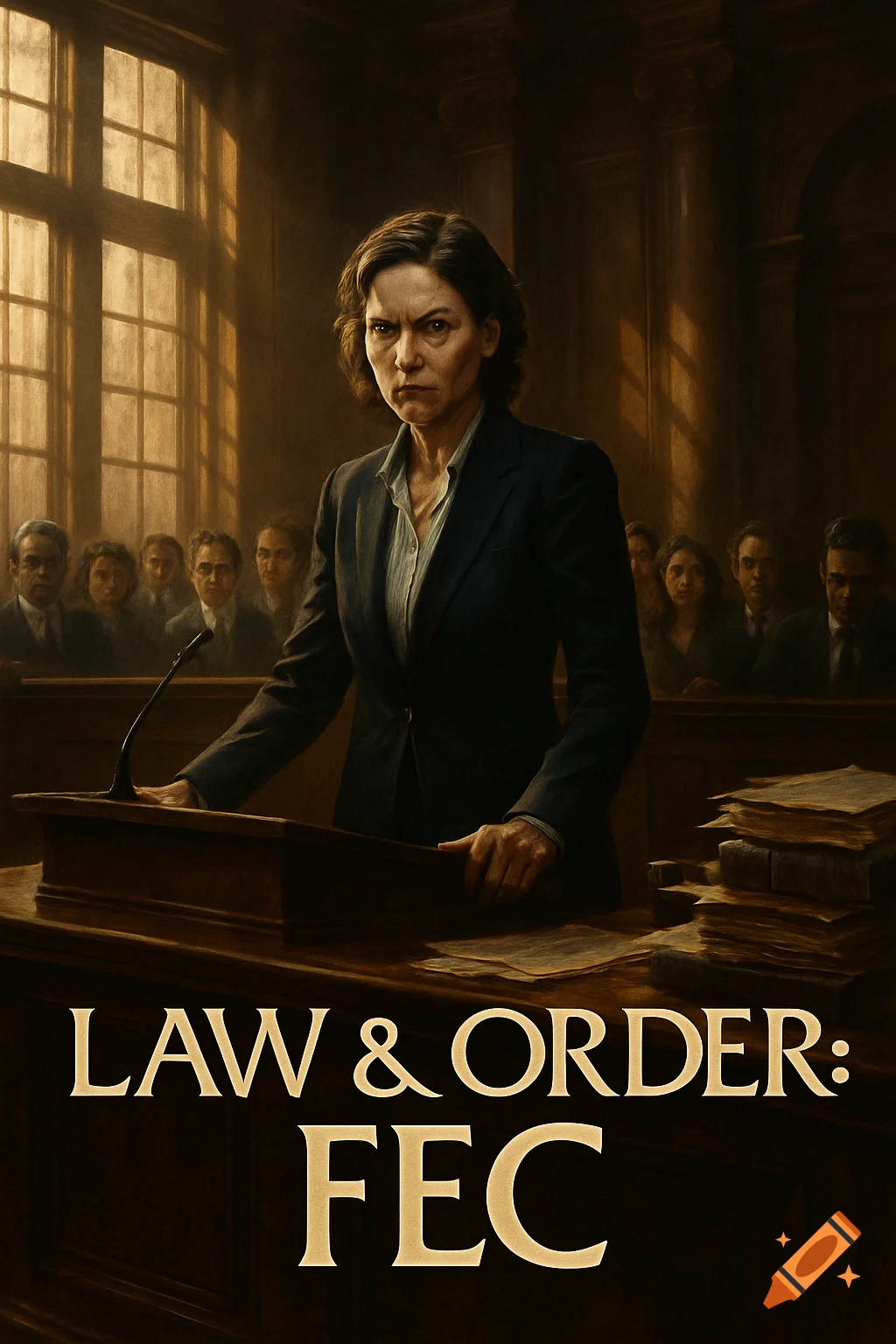 Dramatic poster of a stern woman at a courtroom podium with the title 'LAW & ORDER: FEC' at the bottom.