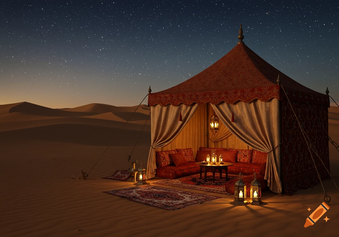 A luxurious tent with lanterns in a vast desert under a starry night sky.