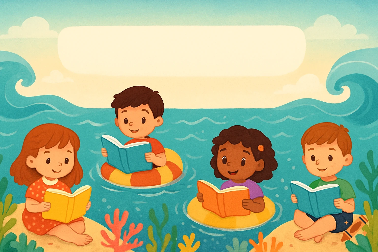 A cartoon illustration showing four diverse children reading books in a whimsical sea setting with a large blank text box at the top.