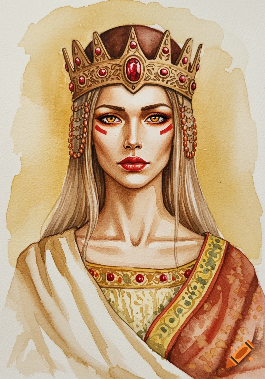 A watercolor portrait of a regal queen with long light brown hair, fiery topaz eyes, red lips, a golden ruby crown, and ancient gown.