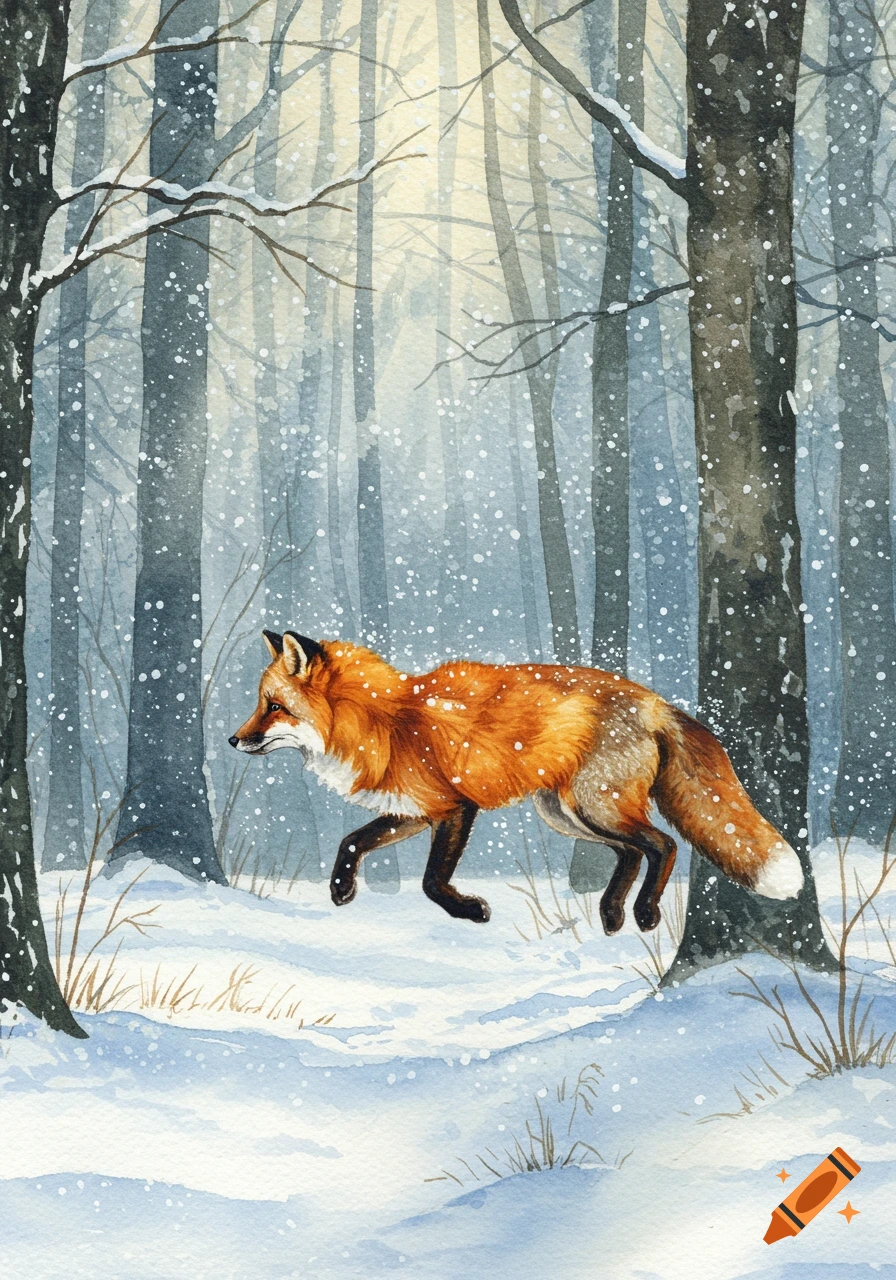 A red fox jumps through a snowy woodland in a watercolor painting.