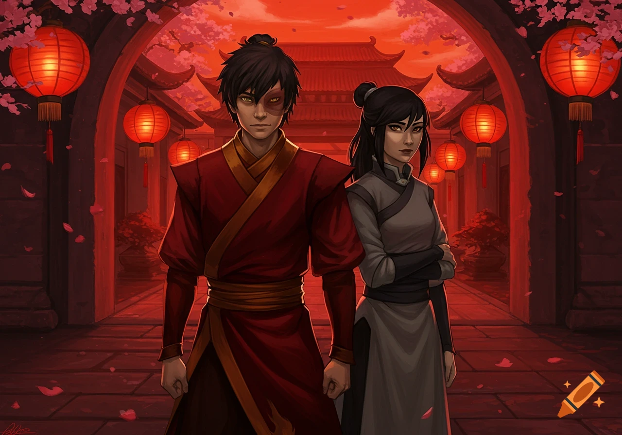 Zuko and Korra stand together in an East Asian-inspired setting with red lanterns and cherry blossoms, rendered in an anime art style.