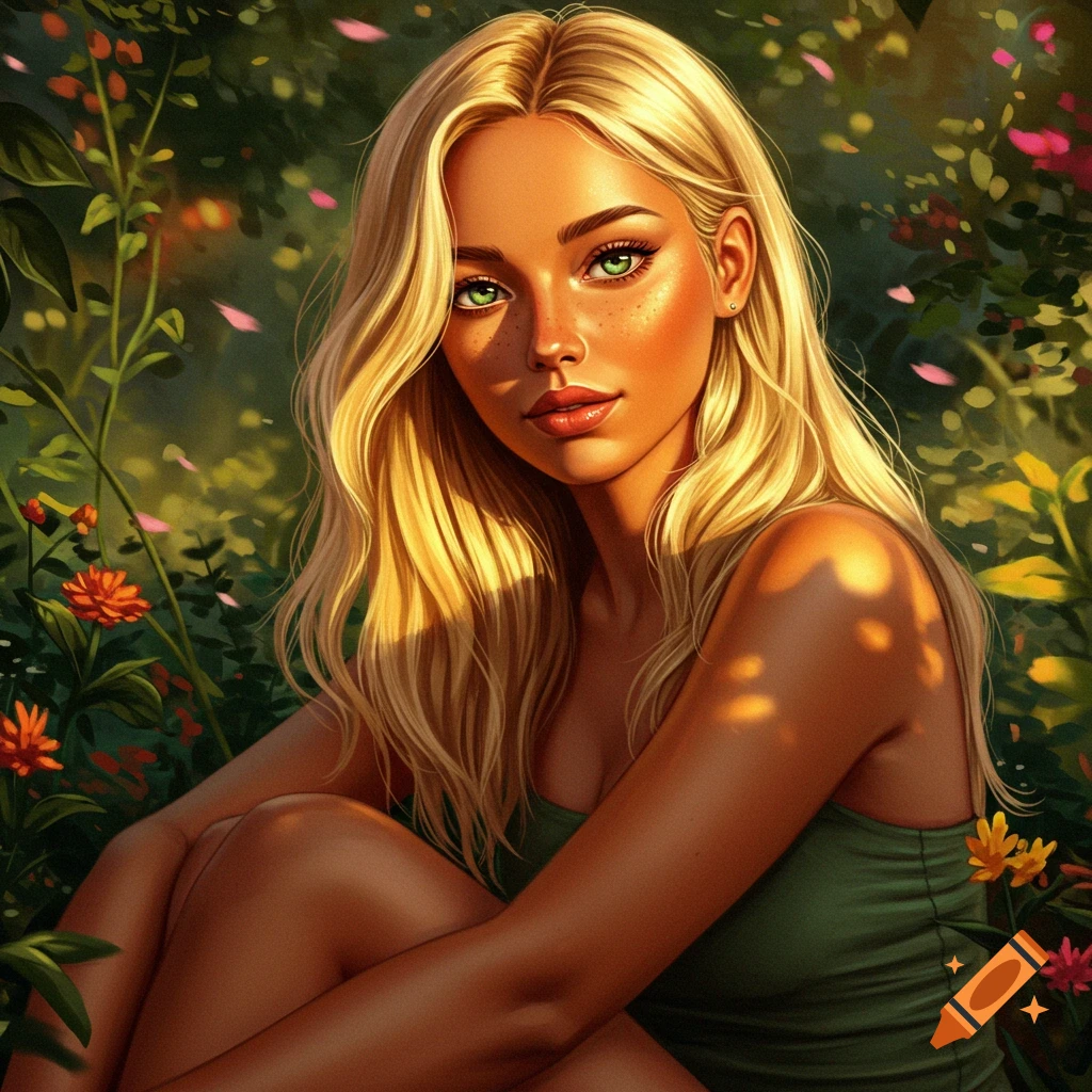 Digital painting of a blonde woman with green eyes and tan skin sitting amongst green foliage and flowers.