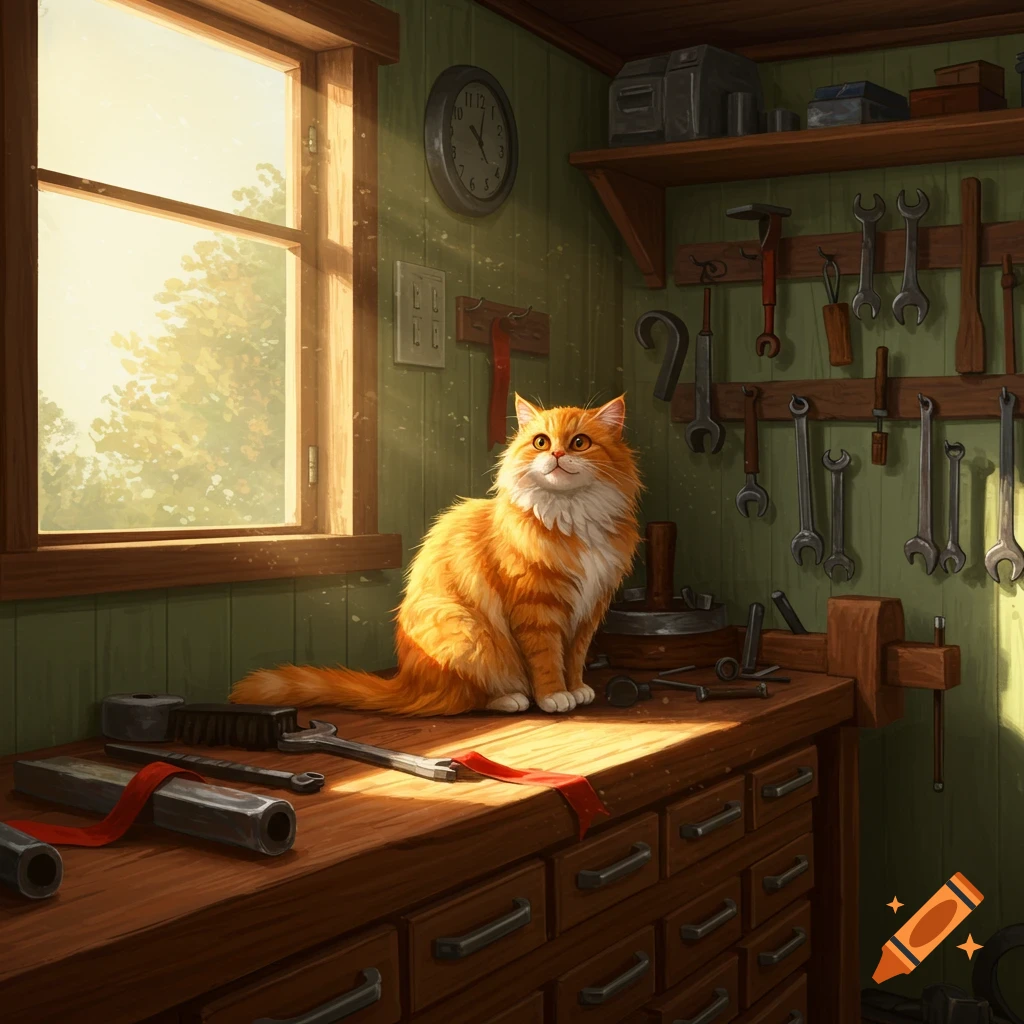 An orange fluffy cat sits on a wooden workbench in a sunlit garage, surrounded by various tools on the wall.