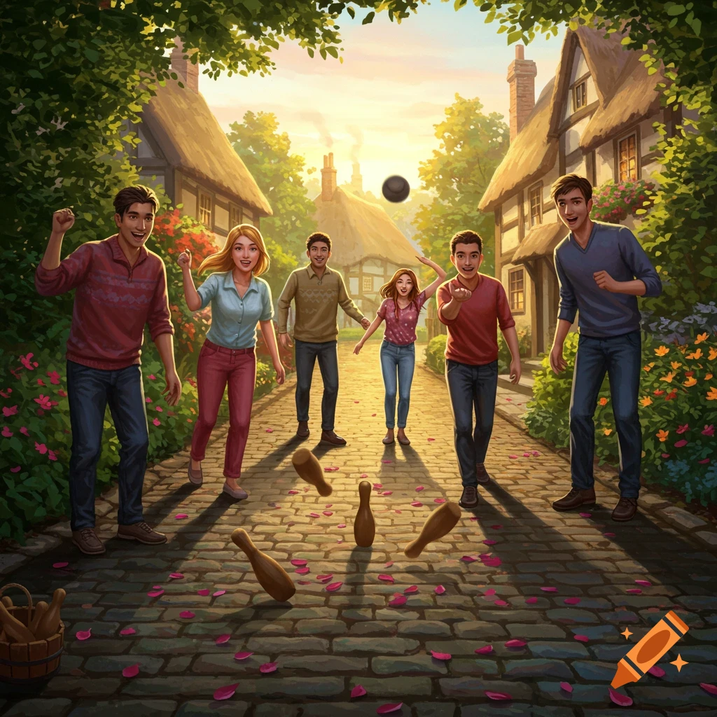 Illustrated image of five people playing skittles on a cobblestone path in a village, with wooden pins scattering and a ball mid-air at sunset.