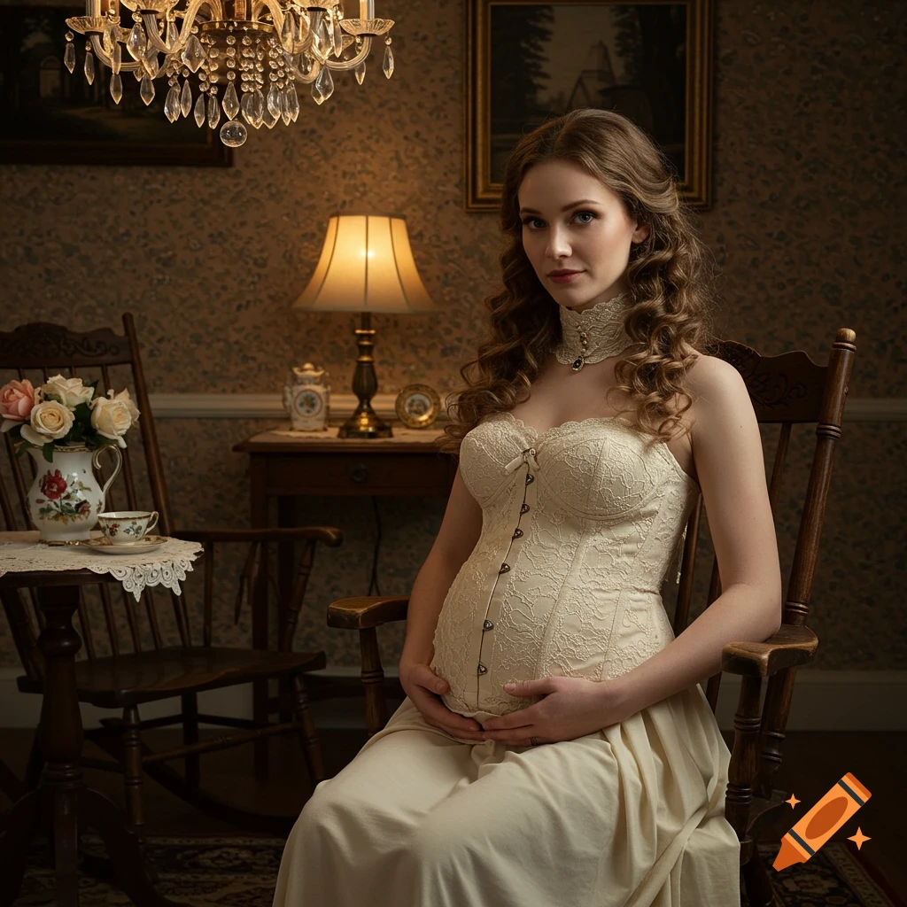 A pregnant woman in a white lace corset and dress sits in a wooden rocking chair in a dimly lit Victorian room.