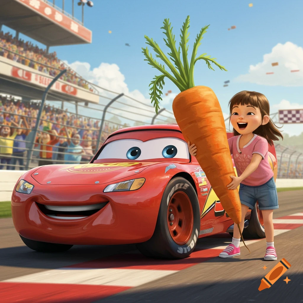 A smiling animated girl in a pink shirt and blue shorts holds a giant carrot next to Lightning McQueen on a race track with a grandstand full of cheering fans.