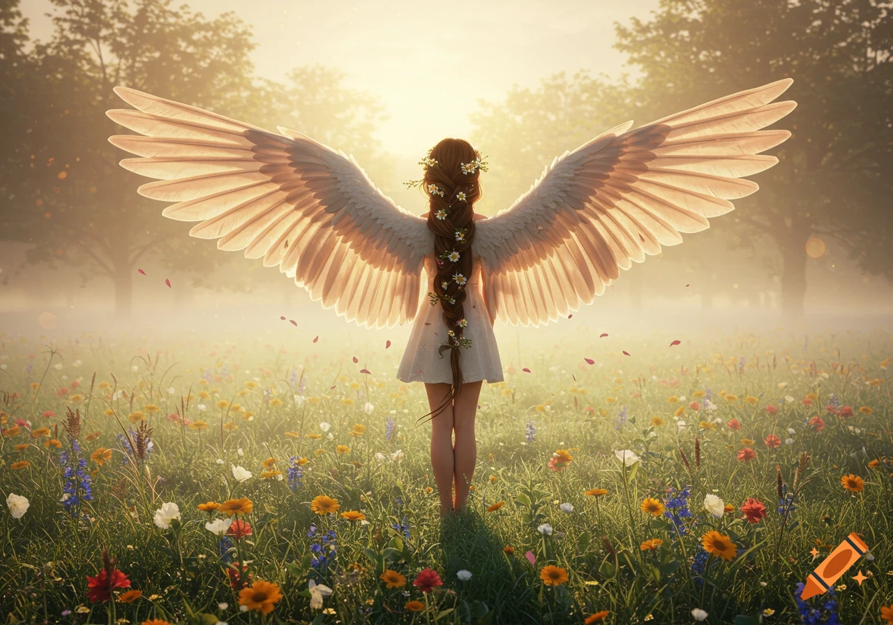 A girl with long brown braided hair and large white wings stands in a sunlit field of colorful wildflowers, seen from behind.
