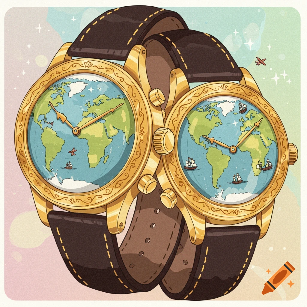 Two cartoon-style gold watches feature detailed globe faces showing continents and oceans, with brown leather straps.