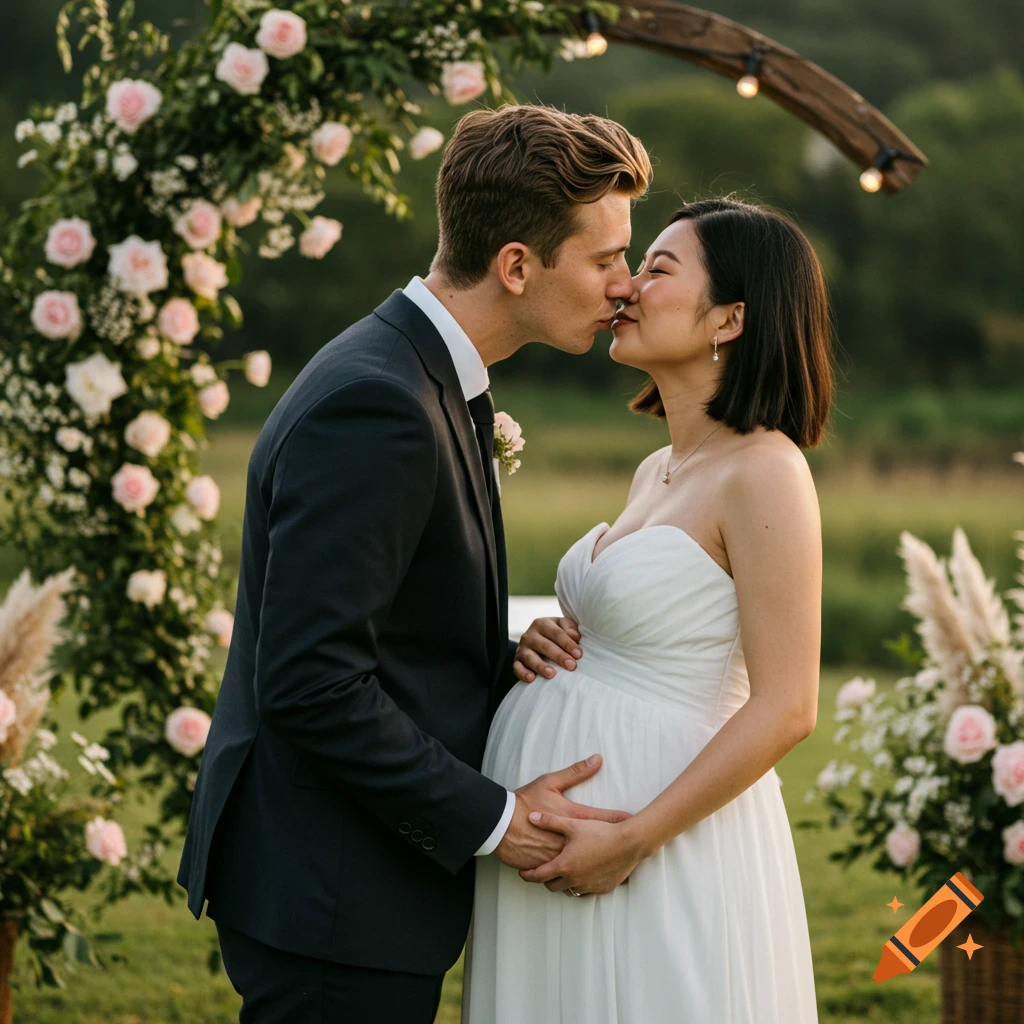 A man in a suit kisses a pregnant woman in a white dress under a floral wedding arch outdoors.